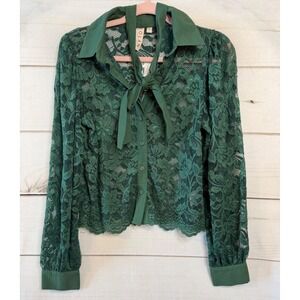Dolan Left Coast Collection Green Floral Lace Tie Neck Blouse Top Small NWT